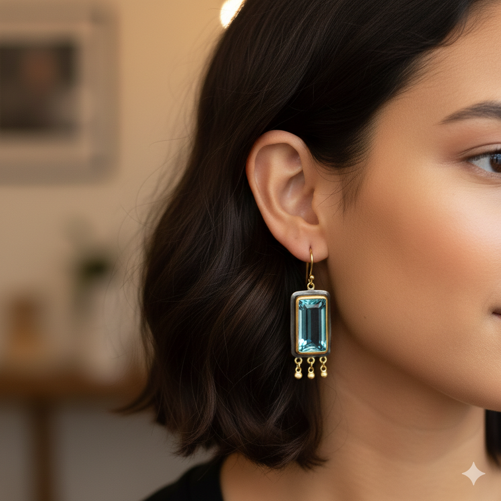 Artisan Blue Topaz Emerald-Cut Earrings 18k Gold Plated & Black Rhodium