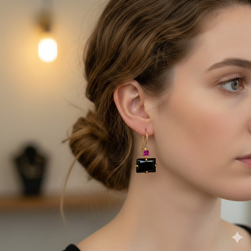 Artisan Black Onyx & Ruby Geometric Earrings 18k Gold Plated over 925 Silver