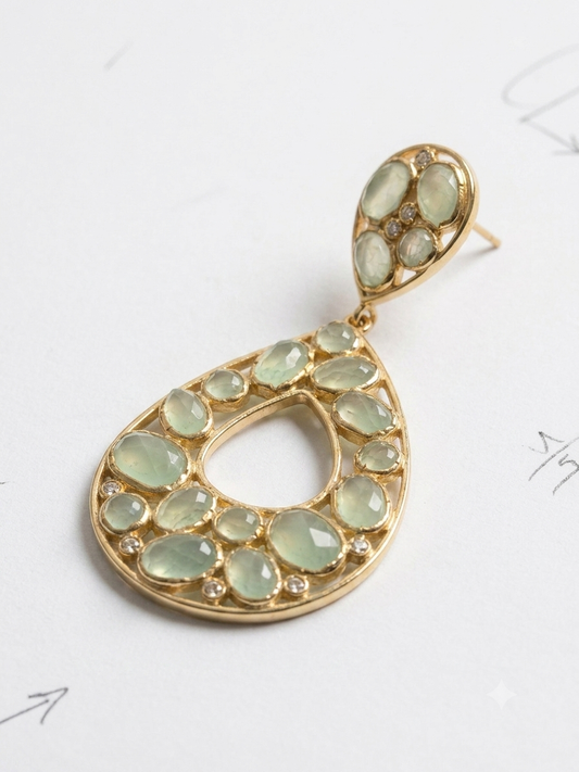 Artisan Faceted Aqua Chalcedony & White Topaz Teardrop Earrings-18k Gold Plating over 925 Sterling Silver