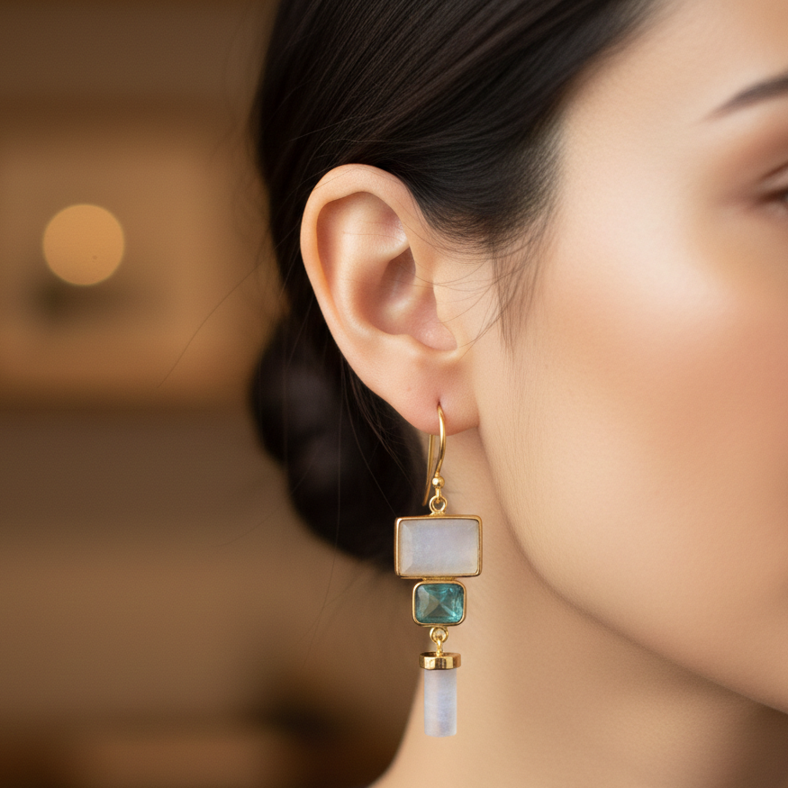 Artisan Moonstone & Apatite Tiered Geometric Earrings 18k Gold Plated over 925 Silver