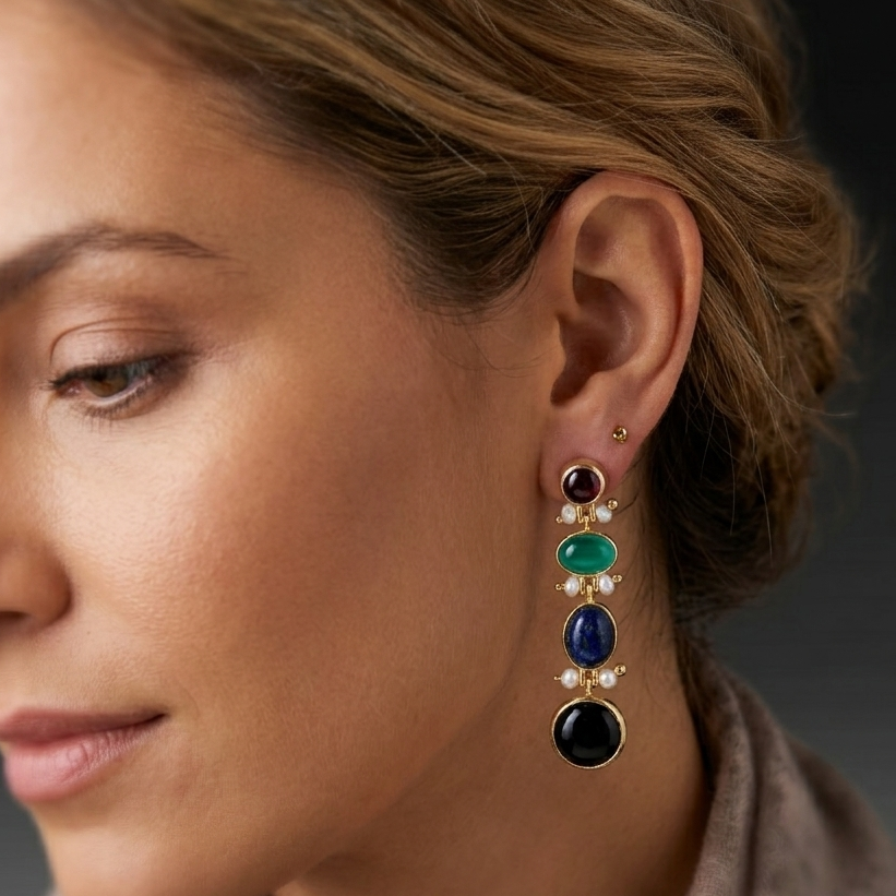Artisan Multi-Gemstone Cascade Earrings - 18k Gold Plating over 925 Sterling Silver -Green Onyx, Lapis, Black Onyx, Red Garnet & Keshi Pearls