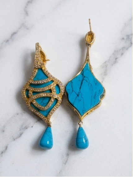 Artisan Arizona Turquoise & Cubic Zirconia Drop Earrings-18k Gold over 925 Sterling Silver