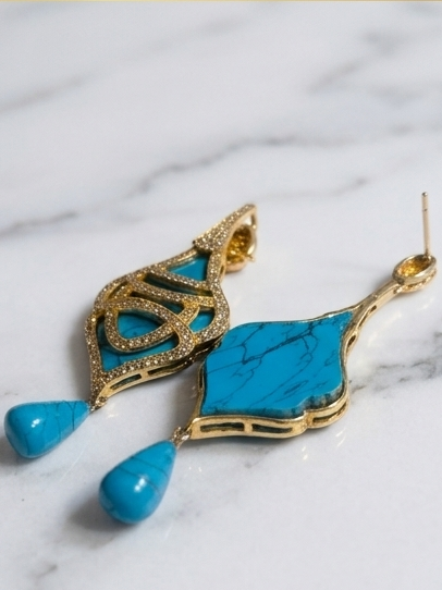 Artisan Arizona Turquoise & Cubic Zirconia Drop Earrings-18k Gold over 925 Sterling Silver
