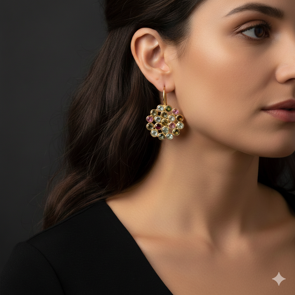 Artisan Multi-Tourmaline Mosaic Circular Earrings 18k Gold Plated over 925 Silver