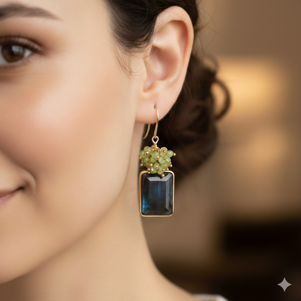 Artisan Peridot & Labradorite Cushion Drop Earrings 18k Gold Plated over 925 Silver