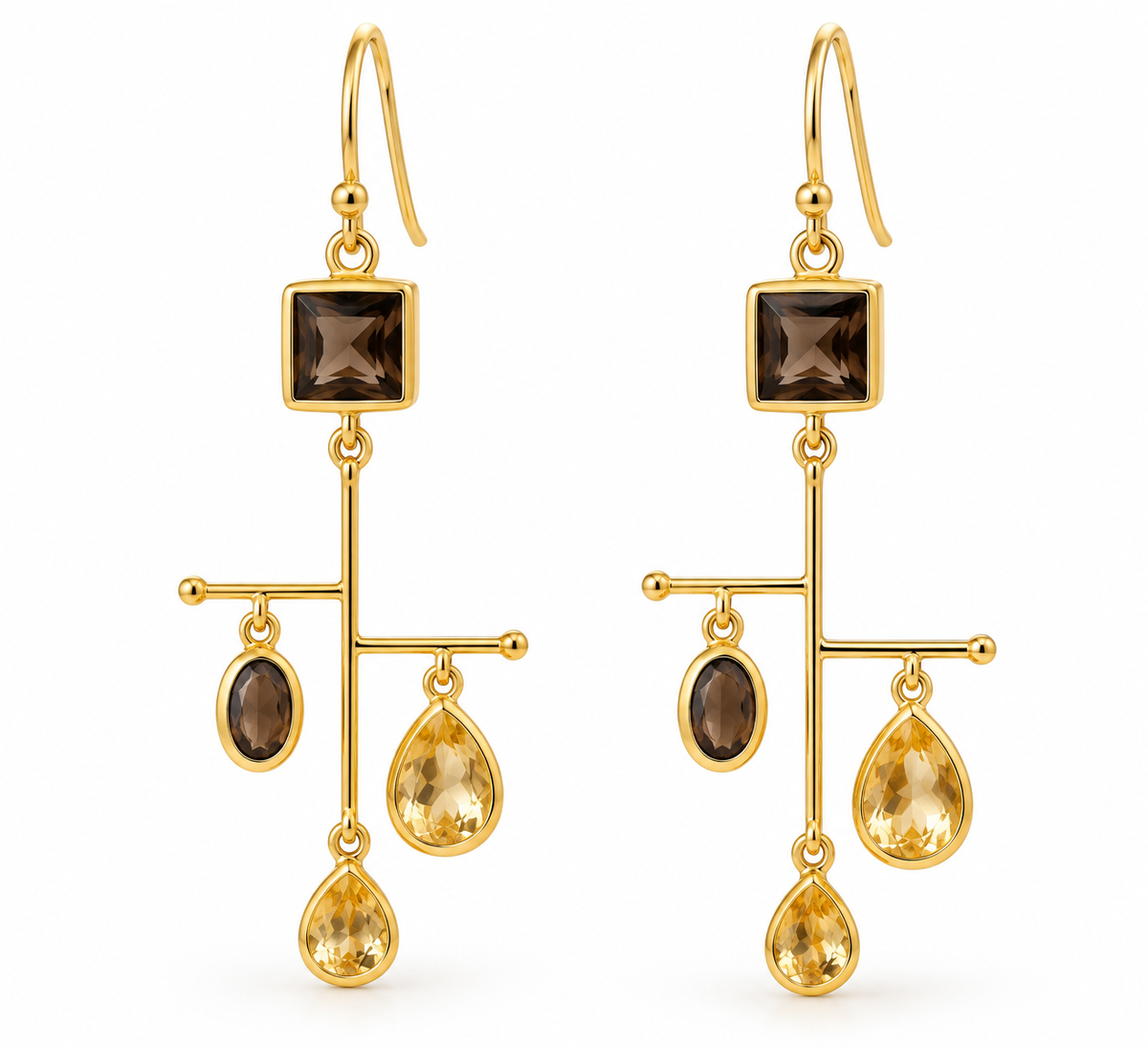 Smoky Topaz & Citrine Statement Earrings – 18K Gold Plated Sterling Silver