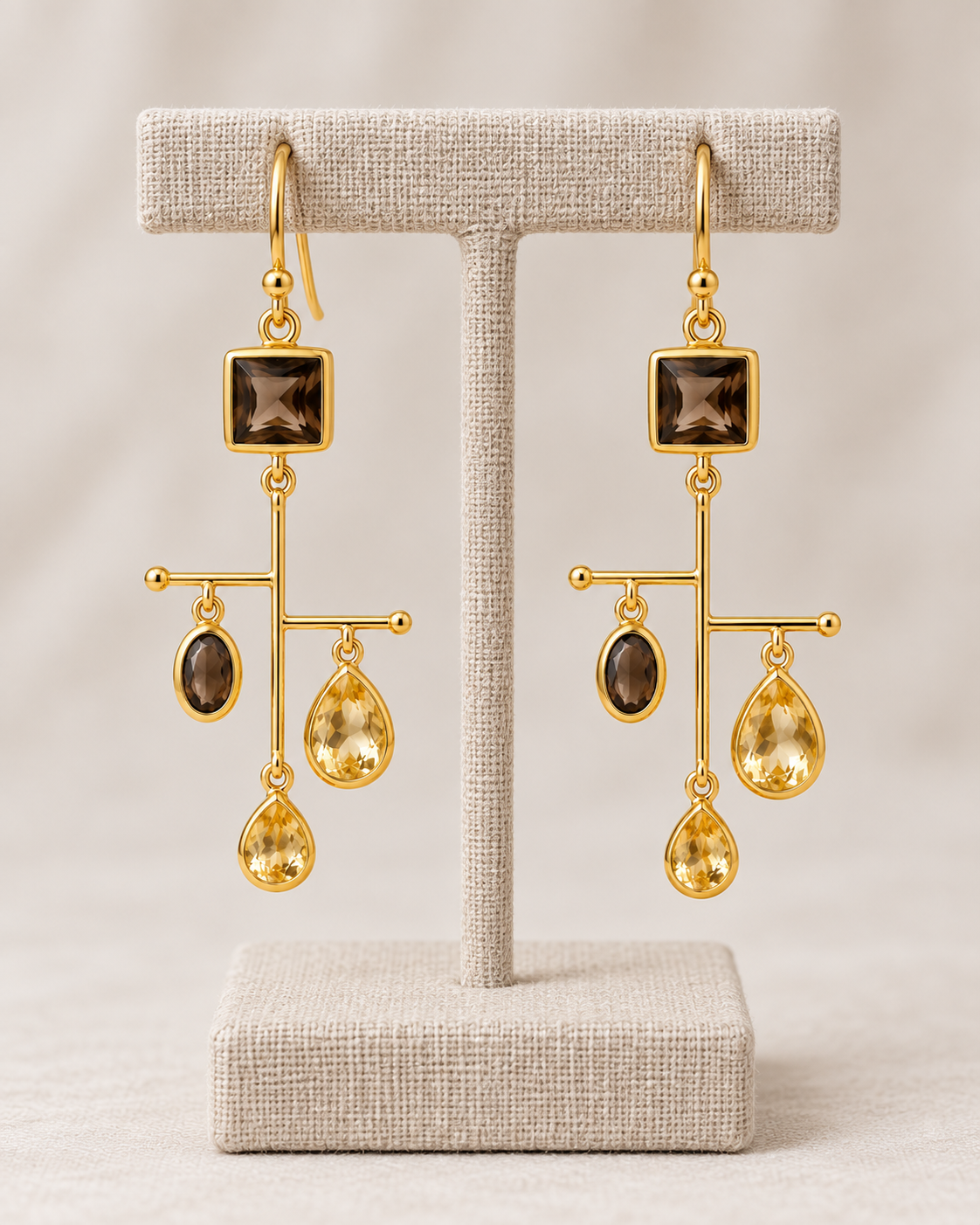 Smoky Topaz & Citrine Statement Earrings – 18K Gold Plated Sterling Silver