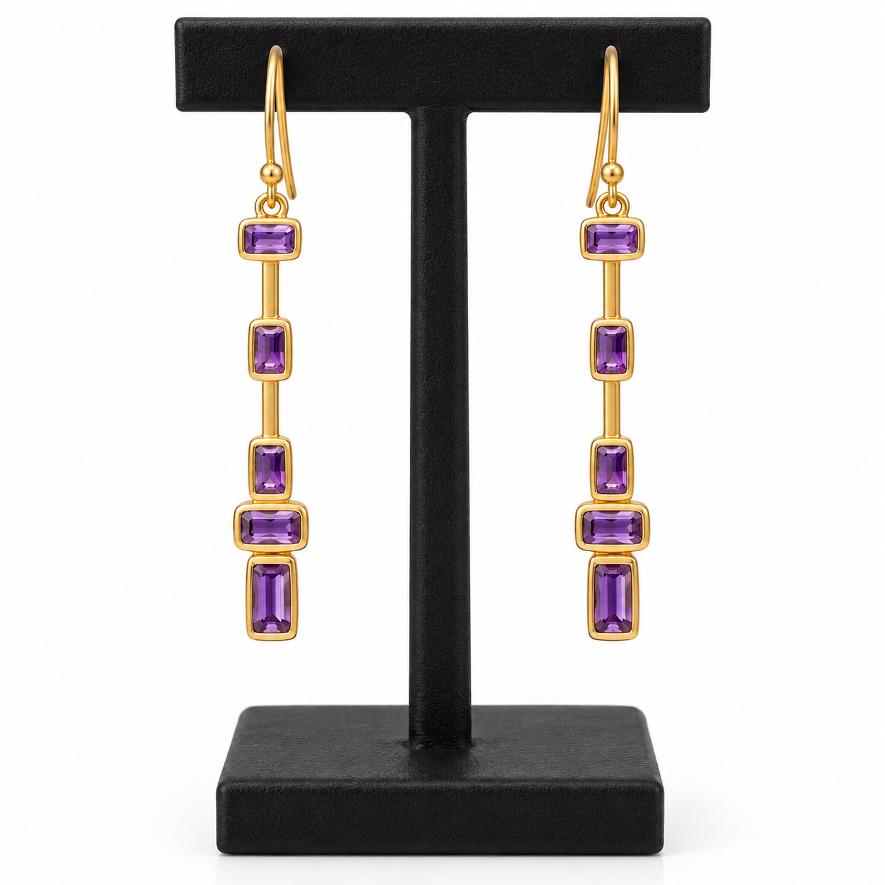 Amethyst Column Drop Earrings- 18k Gold Plated Over 925 Sterling Silve ...