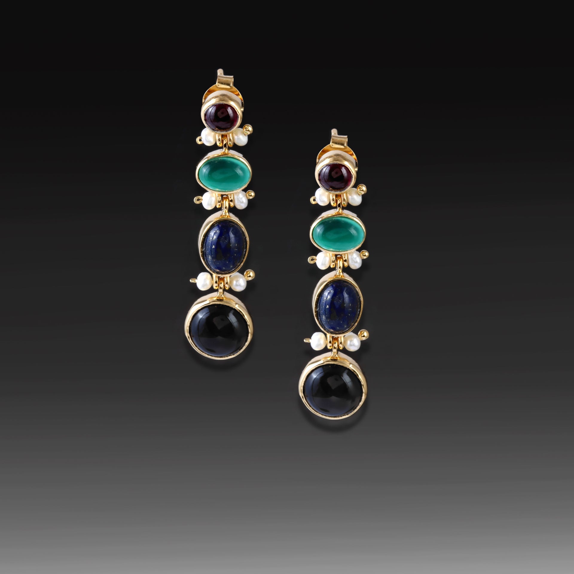 Artisan Multi-Gemstone Cascade Earrings - 18k Gold Plating over 925 Sterling Silver -Green Onyx, Lapis, Black Onyx, Red Garnet & Keshi Pearls