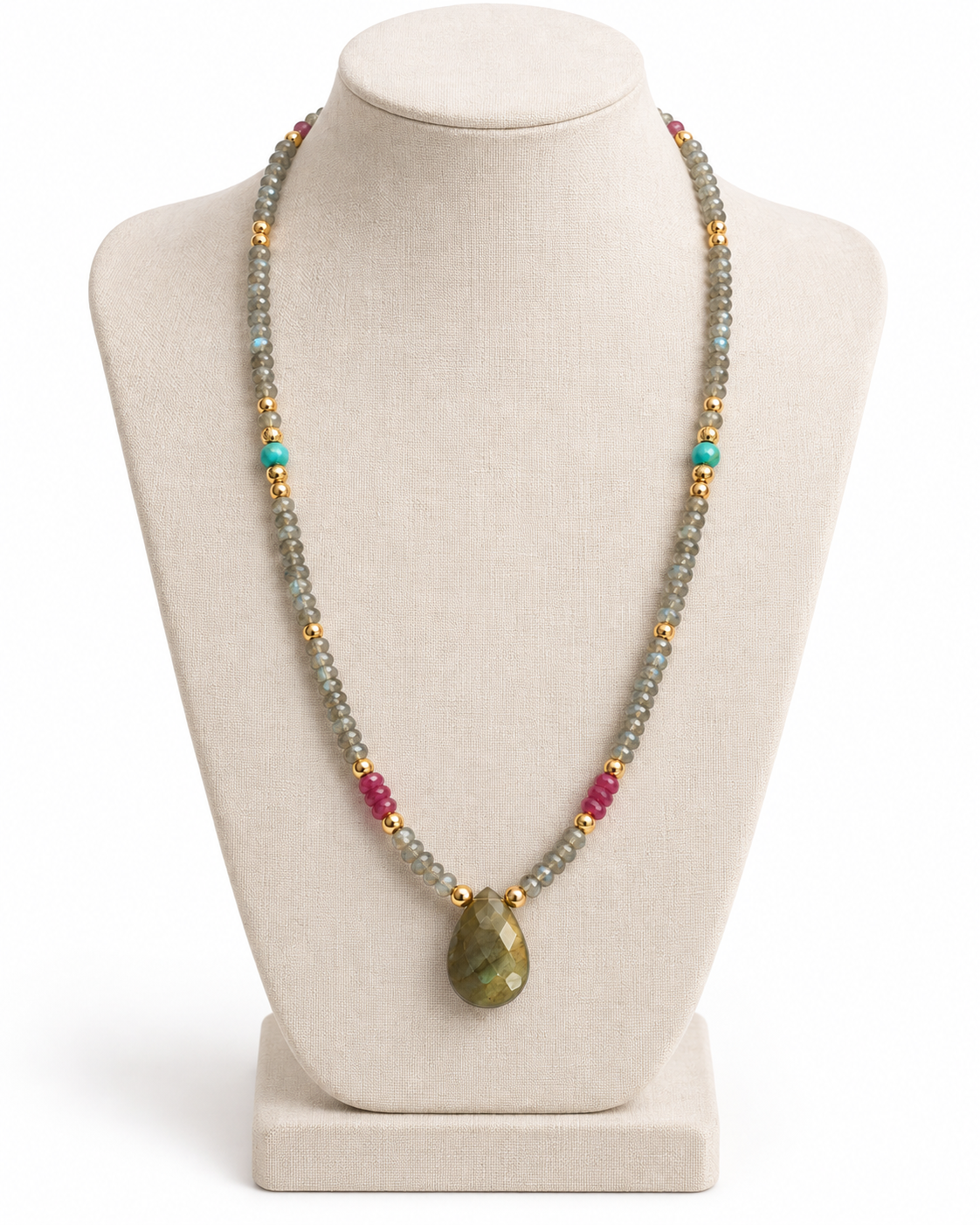 Labradorite, Turquoise & Ruby Gemstone Necklace – 26 Inches with Gold Filled Accents