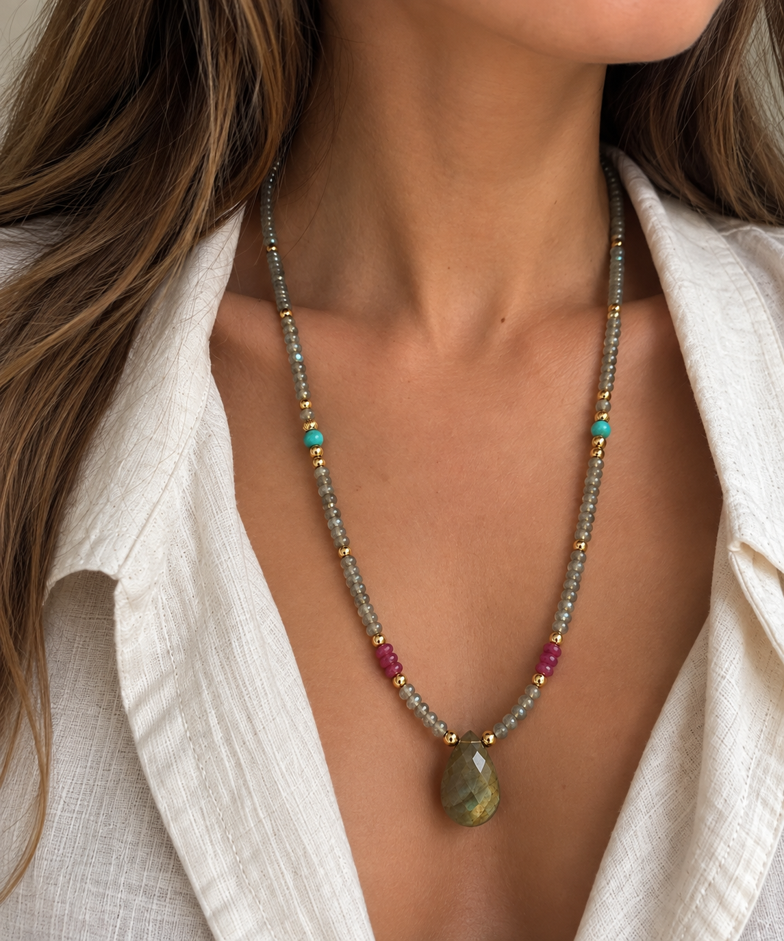 Labradorite, Turquoise & Ruby Gemstone Necklace – 26 Inches with Gold Filled Accents