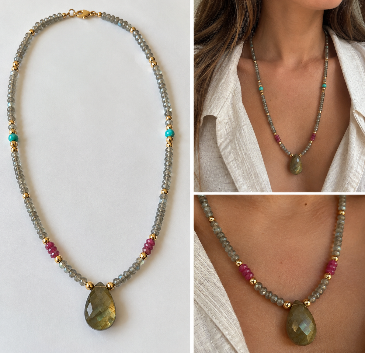 Labradorite, Turquoise & Ruby Gemstone Necklace – 26 Inches with Gold Filled Accents