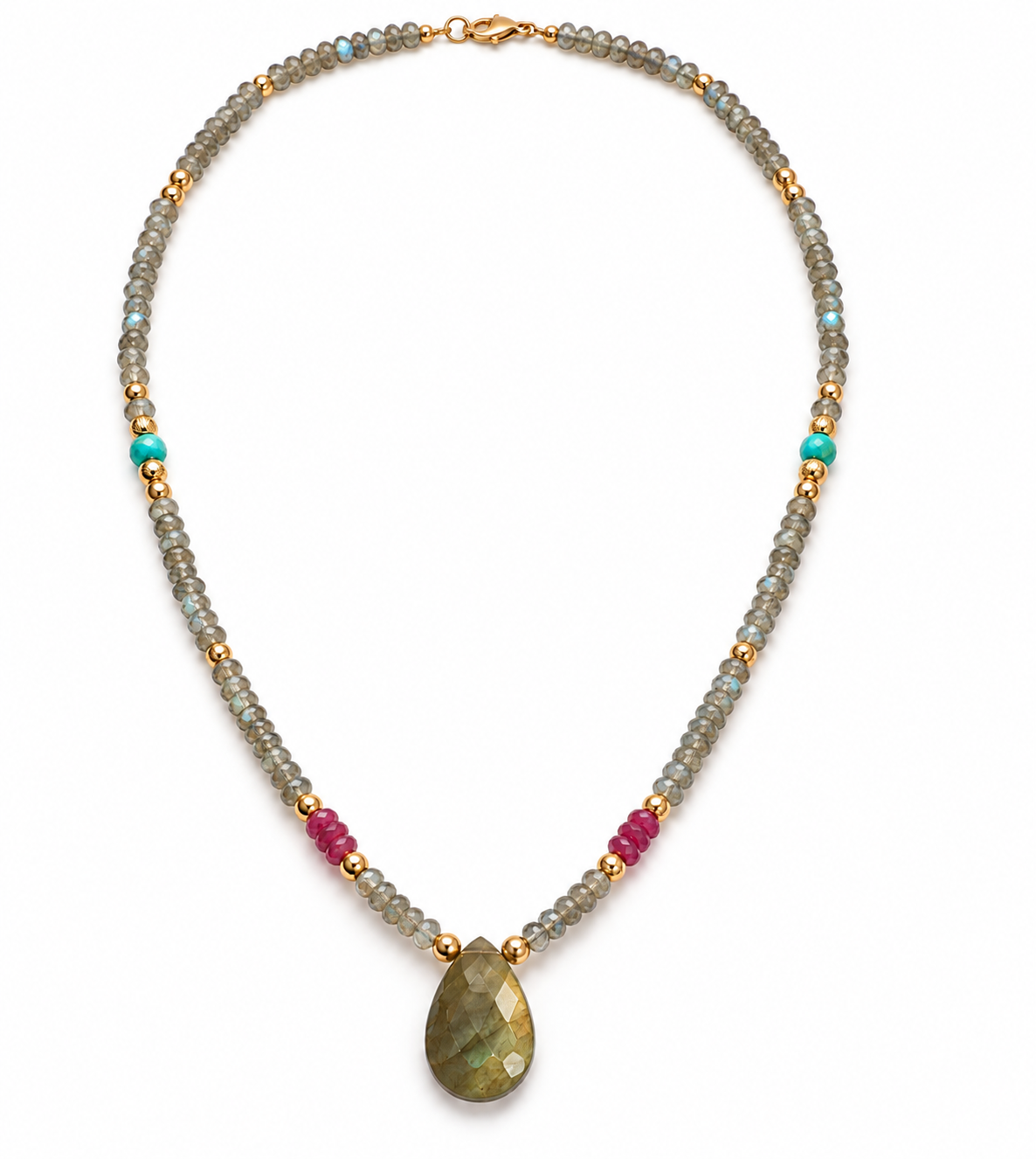 Labradorite, Turquoise & Ruby Gemstone Necklace – 26 Inches with Gold Filled Accents