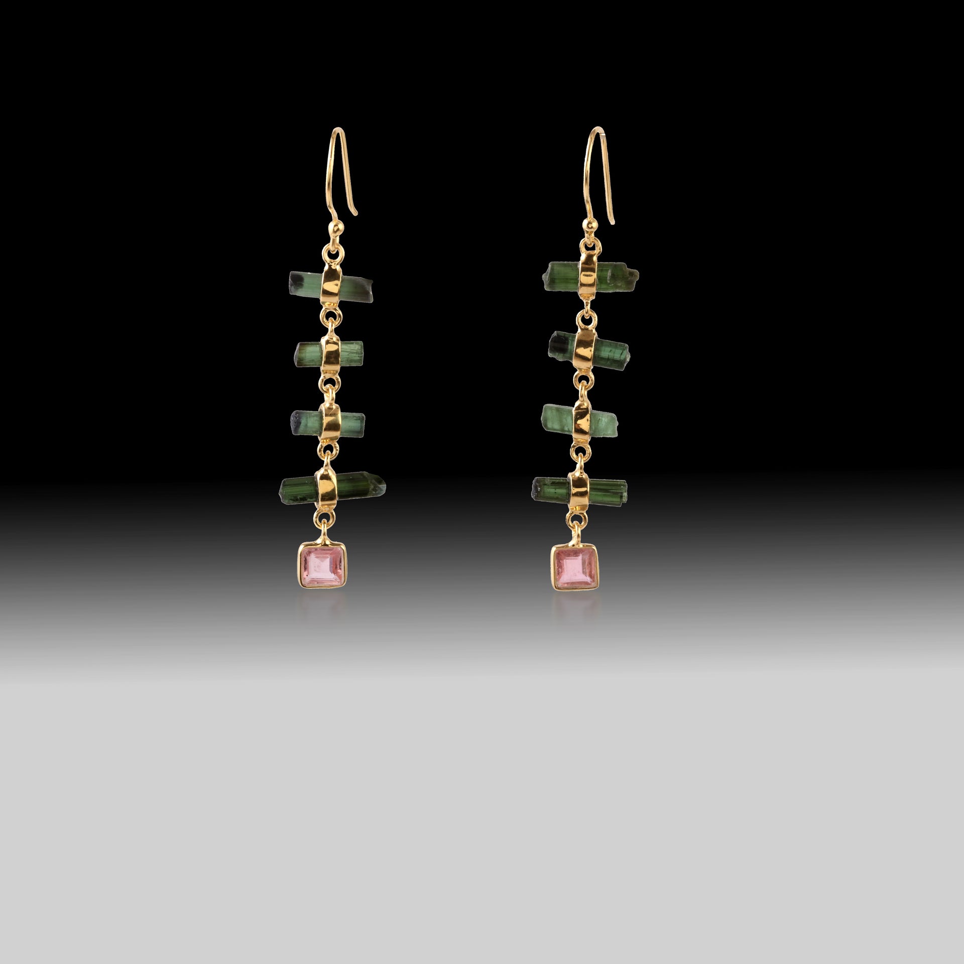 Artisan Green & Pink Tourmaline Linear Drop Earrings 18k Gold Plated over 925 Silver