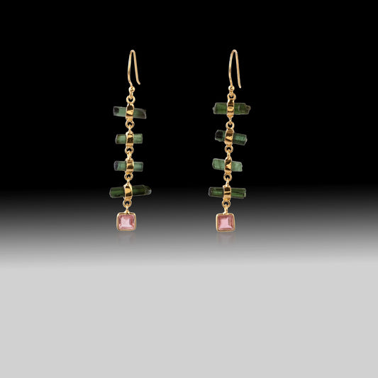 Artisan Green & Pink Tourmaline Linear Drop Earrings 18k Gold Plated over 925 Silver