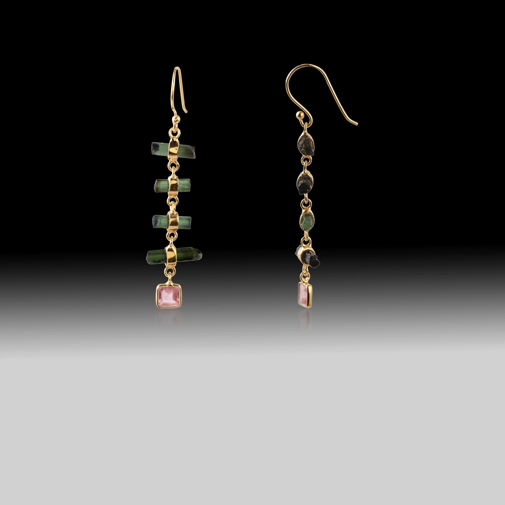 Artisan Green & Pink Tourmaline Linear Drop Earrings 18k Gold Plated over 925 Silver