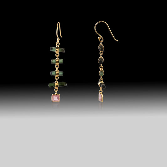 Artisan Green & Pink Tourmaline Linear Drop Earrings 18k Gold Plated over 925 Silver