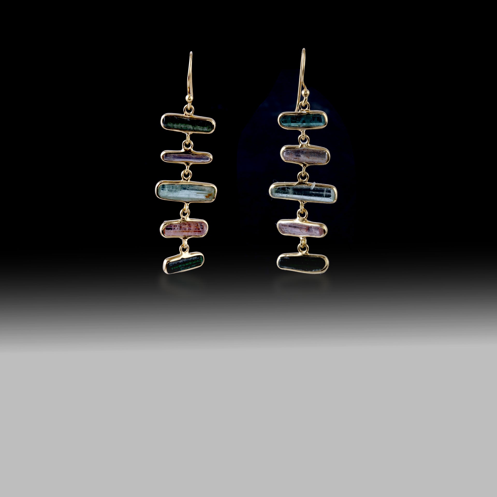Artisan Multi-Tourmaline Staircase Baguette Earrings 18k Brushed Gold over 925 Silver