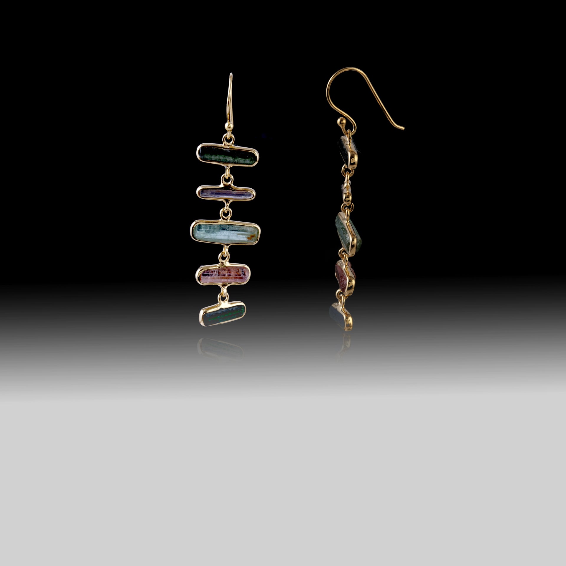 Artisan Multi-Tourmaline Staircase Baguette Earrings 18k Brushed Gold over 925 Silver