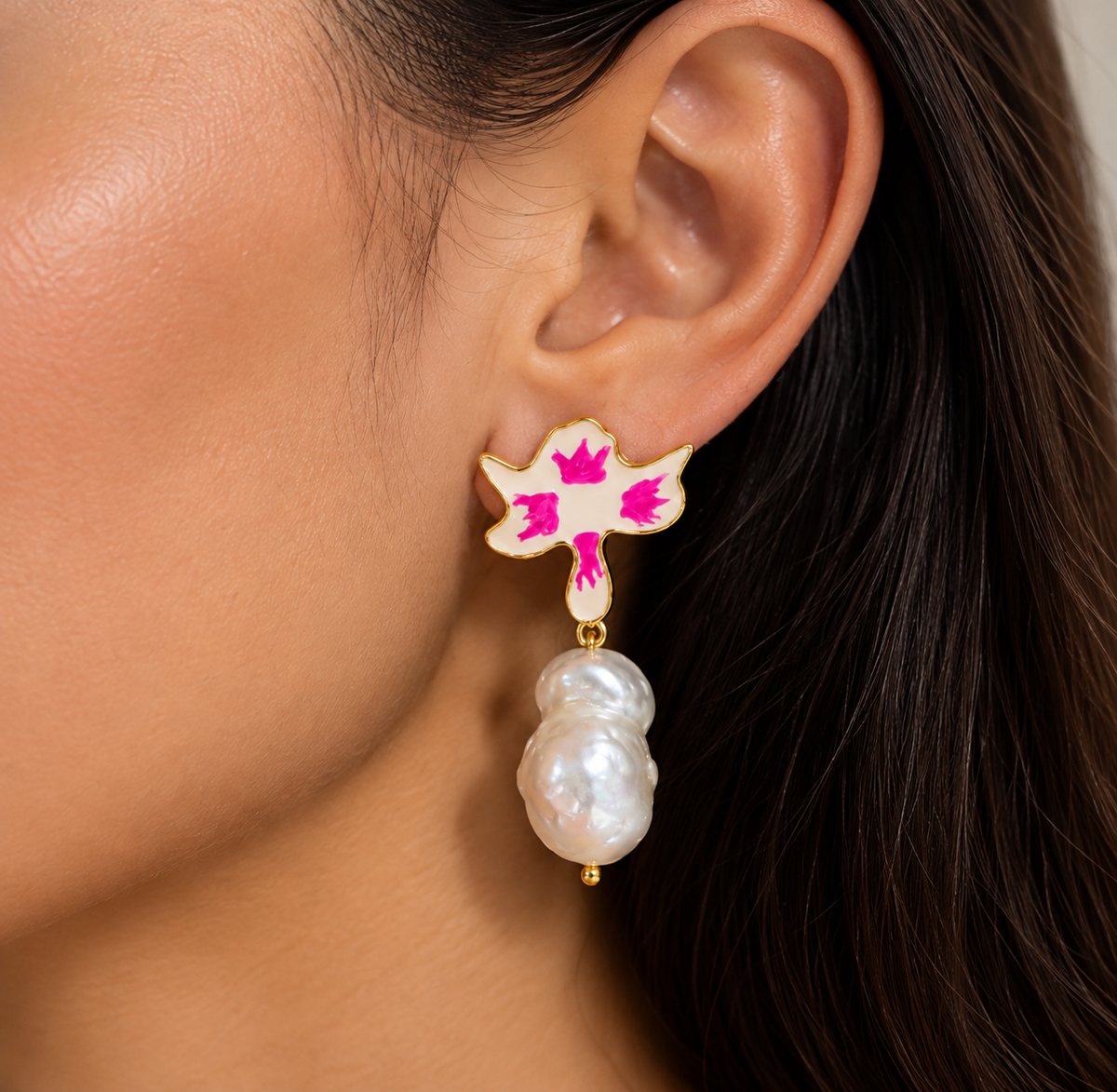 Fuchsia Blossom Baroque Pearl Drop Earrings- 18k Gold Plated Over 925 Sterling Silver