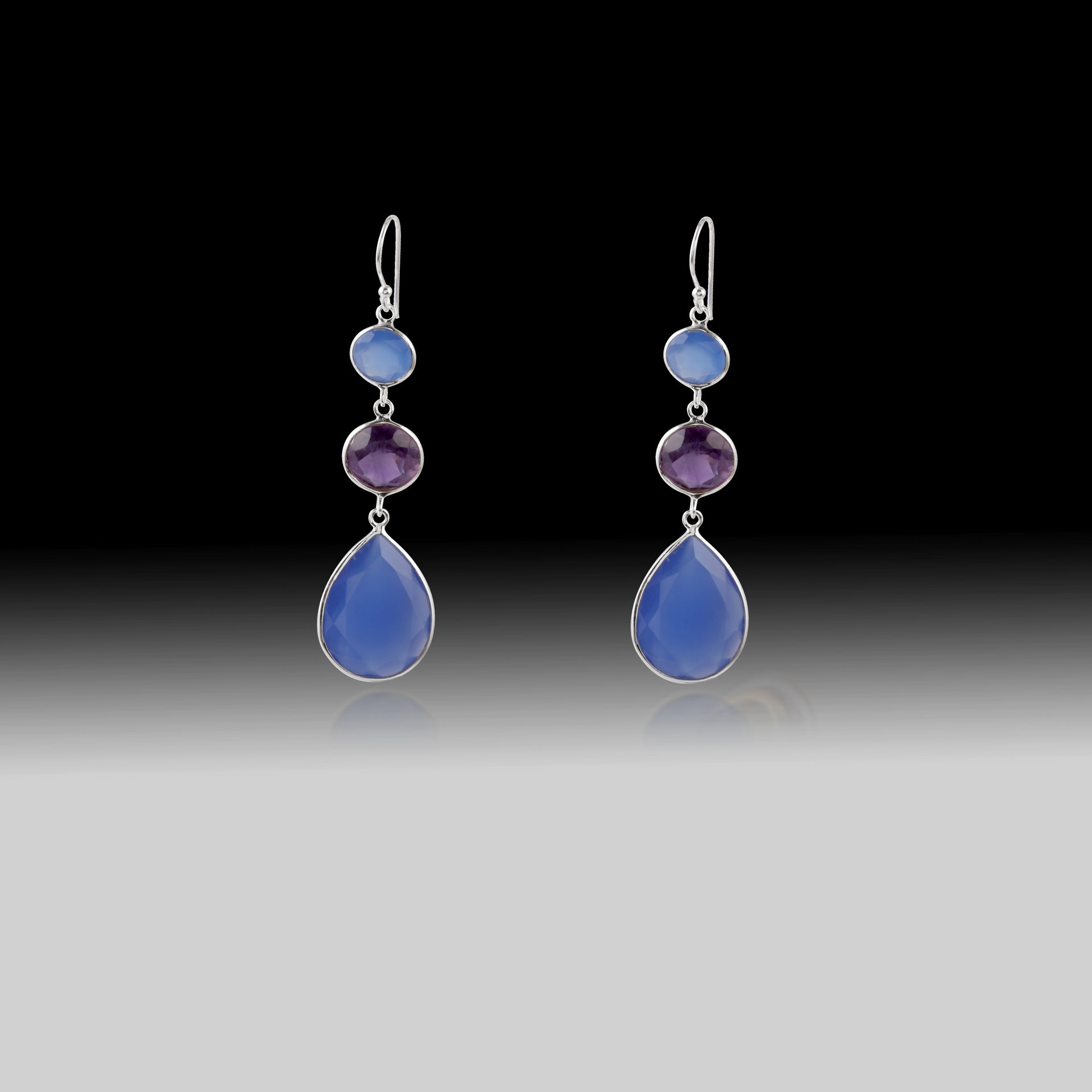 Artisan Blue Chalcedony & Amethyst Triple-Stone Teardrop Earrings in 925 Sterling Silver