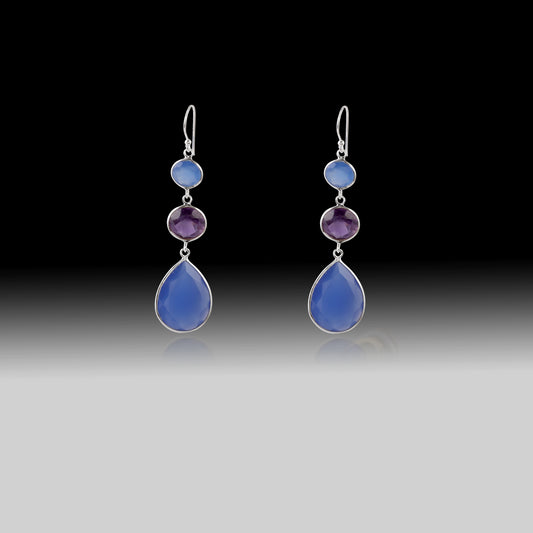 Artisan Blue Chalcedony & Amethyst Triple-Stone Teardrop Earrings in 925 Sterling Silver
