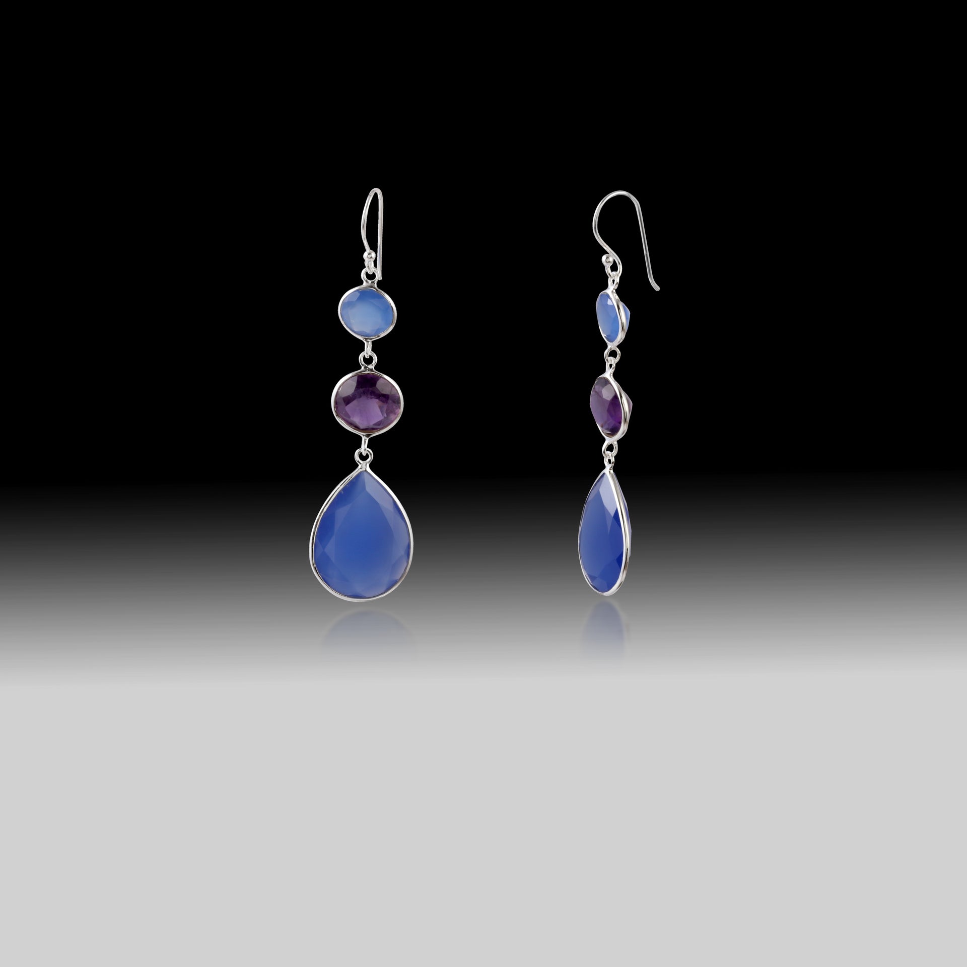 Artisan Blue Chalcedony & Amethyst Triple-Stone Teardrop Earrings in 925 Sterling Silver