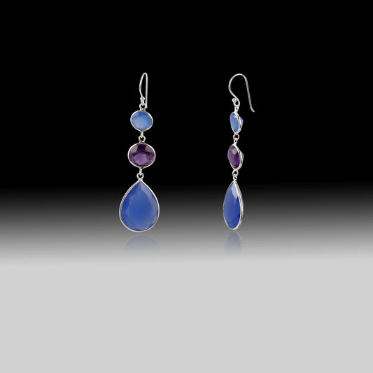 Artisan Blue Chalcedony & Amethyst Triple-Stone Teardrop Earrings in 925 Sterling Silver