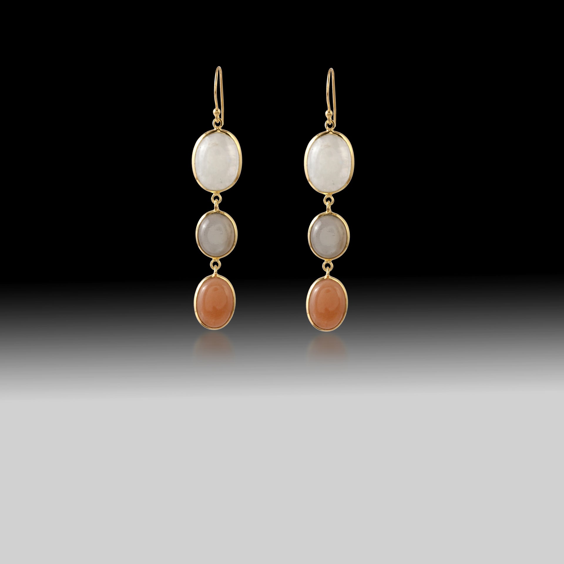 Artisan Rainbow, Gray & Peach Moonstone Drop Earrings 18k Gold & 925 Sterling Silver
