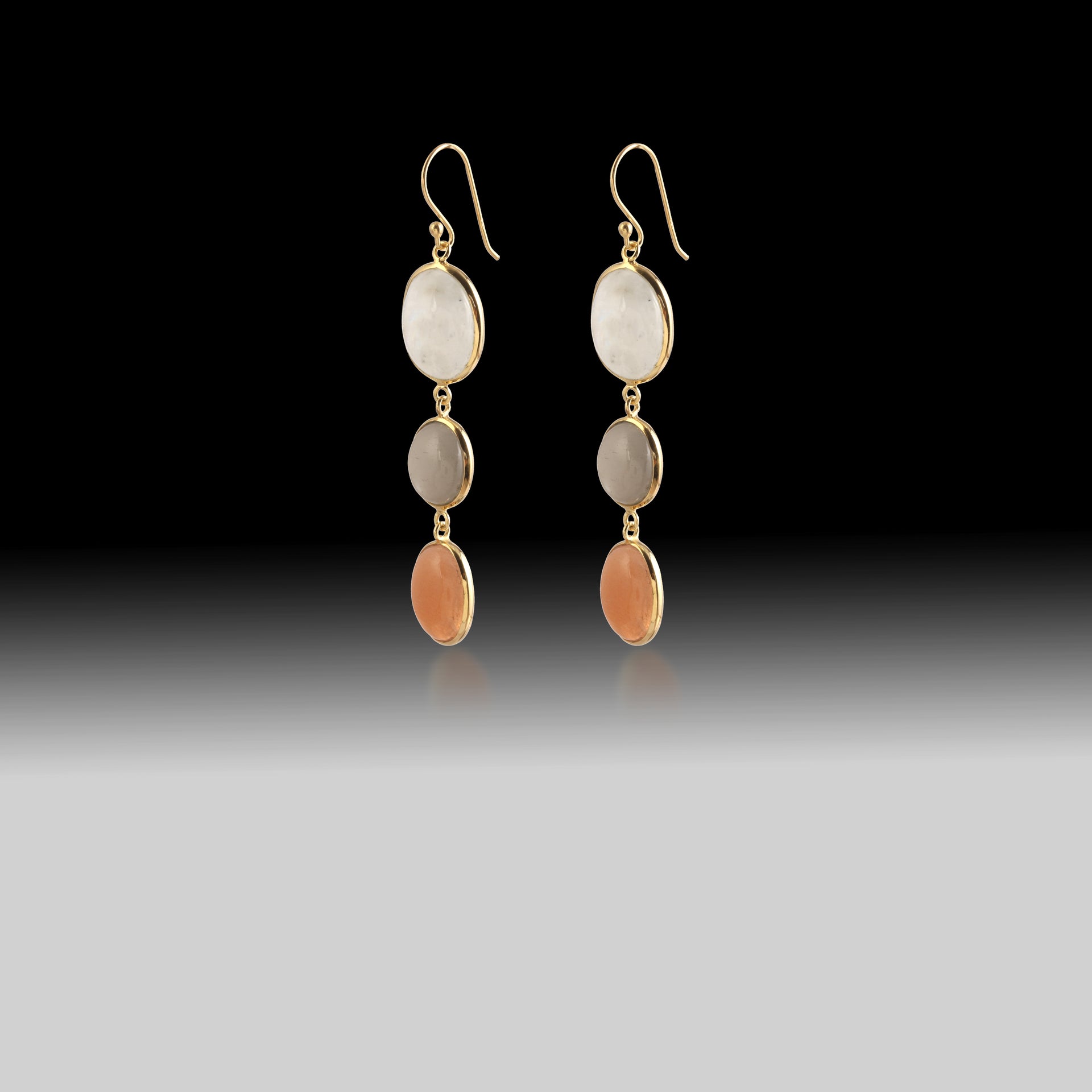 Artisan Rainbow, Gray & Peach Moonstone Drop Earrings 18k Gold & 925 Sterling Silver