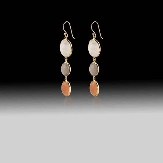 Artisan Rainbow, Gray & Peach Moonstone Drop Earrings 18k Gold & 925 Sterling Silver