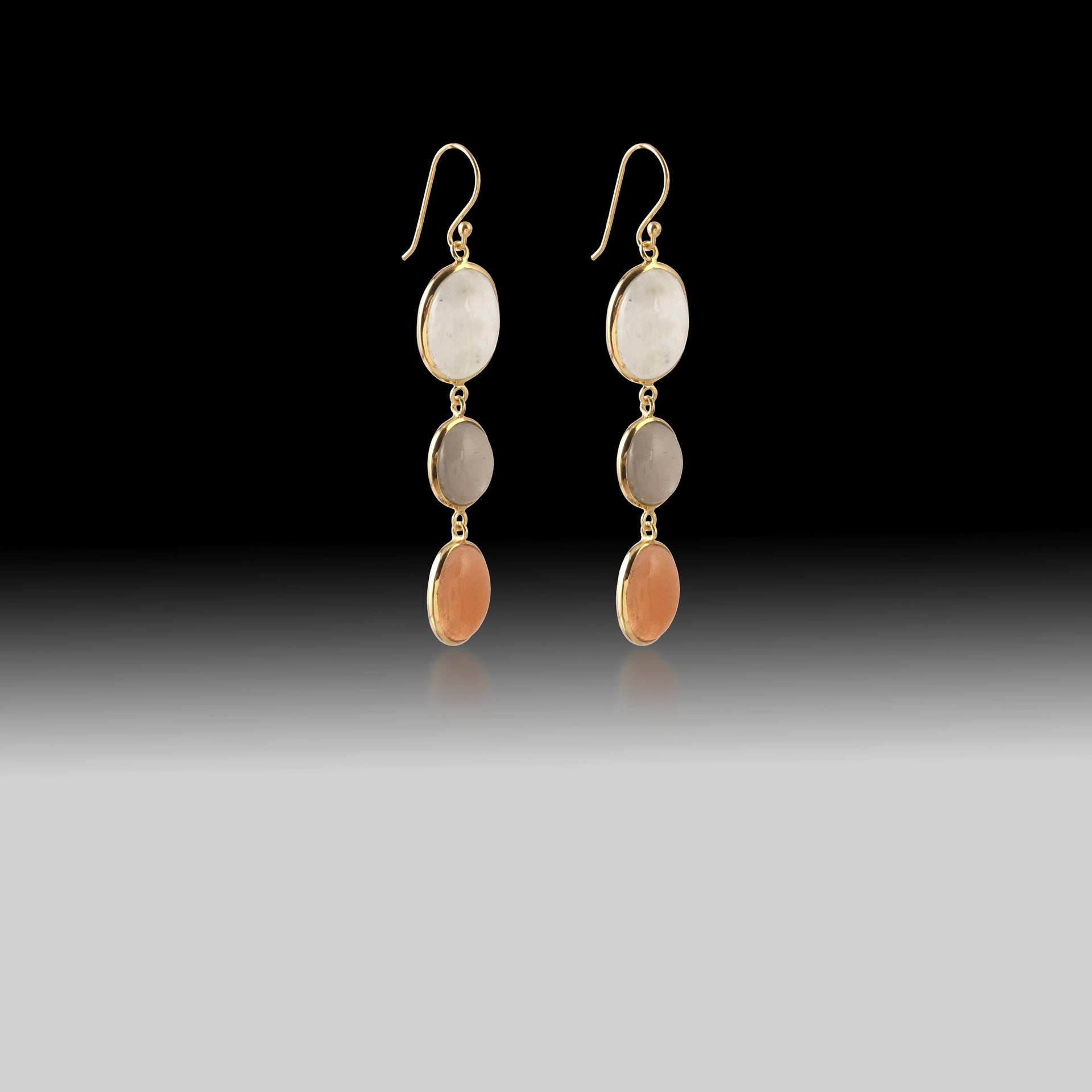 Artisan Rainbow, Gray & Peach Moonstone Drop Earrings 18k Gold & 925 Sterling Silver