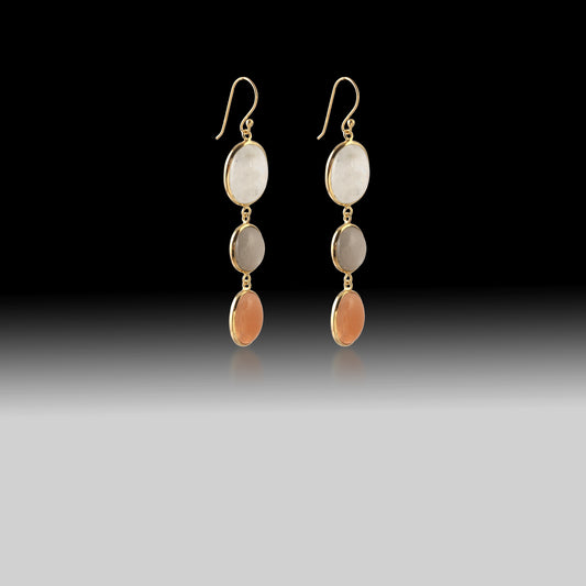 Artisan Rainbow, Gray & Peach Moonstone Drop Earrings 18k Gold & 925 Sterling Silver