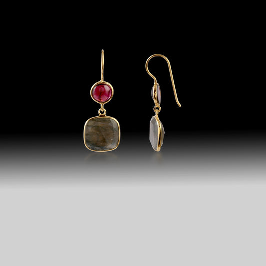 Artisan Carnelian & Labradorite Cushion Drop Earrings 18k Gold Plated over 925 Silver