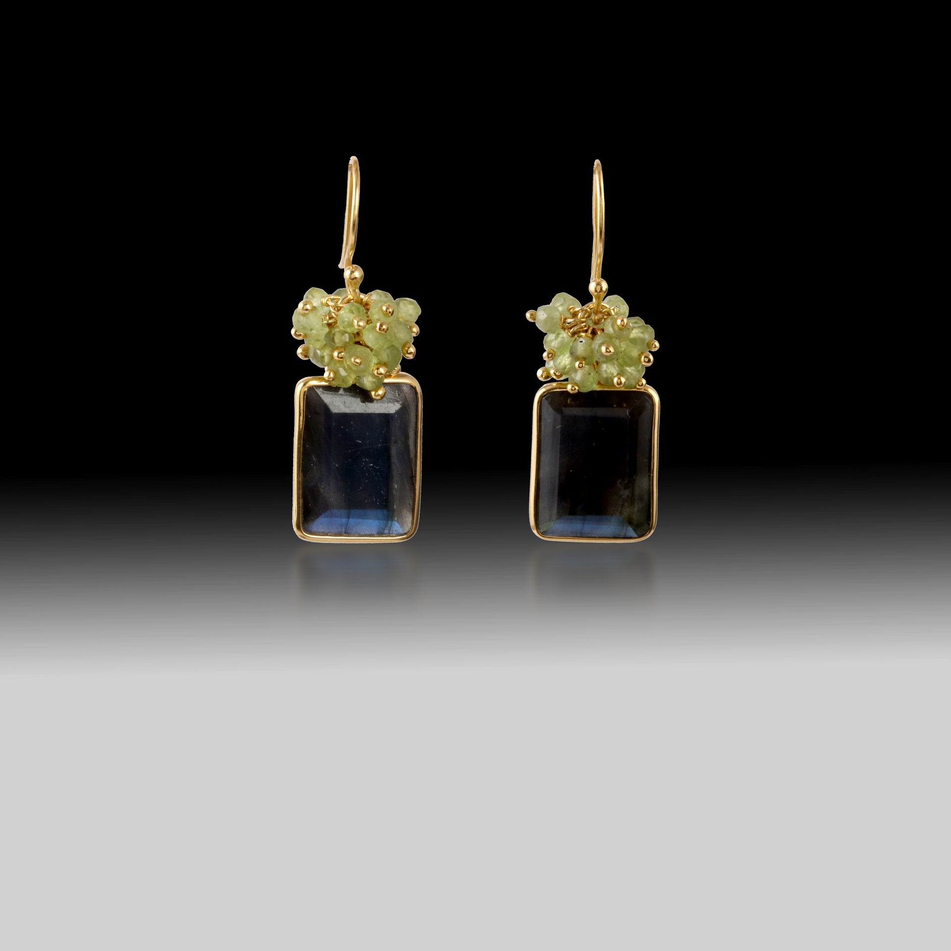 Artisan Peridot & Labradorite Cushion Drop Earrings 18k Gold Plated over 925 Silver