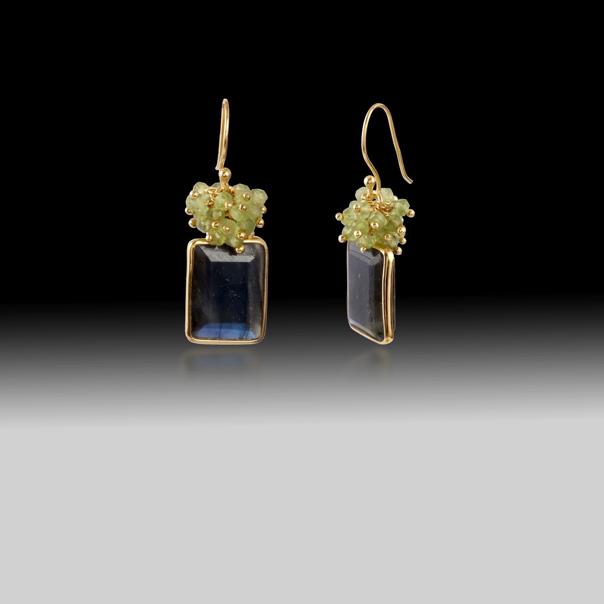 Artisan Peridot & Labradorite Cushion Drop Earrings 18k Gold Plated over 925 Silver