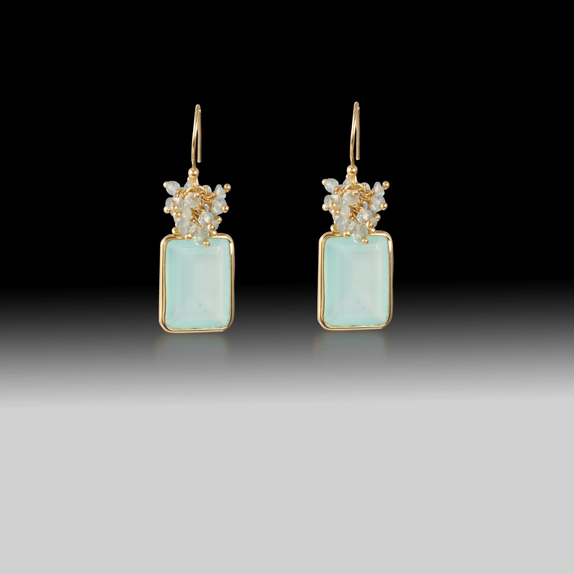 Artisan Aqua Chalcedony & Gray Moonstone Drop Earrings 18k Gold Plated over 925 Silver