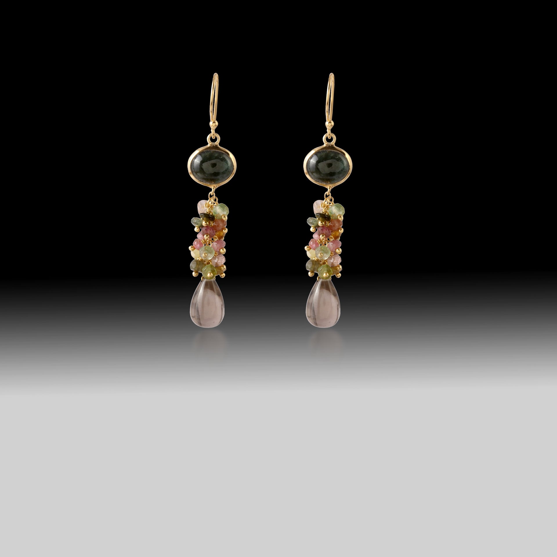 Black Onyx & Multicolor Tourmaline Drop Earrings with Smoky Topaz