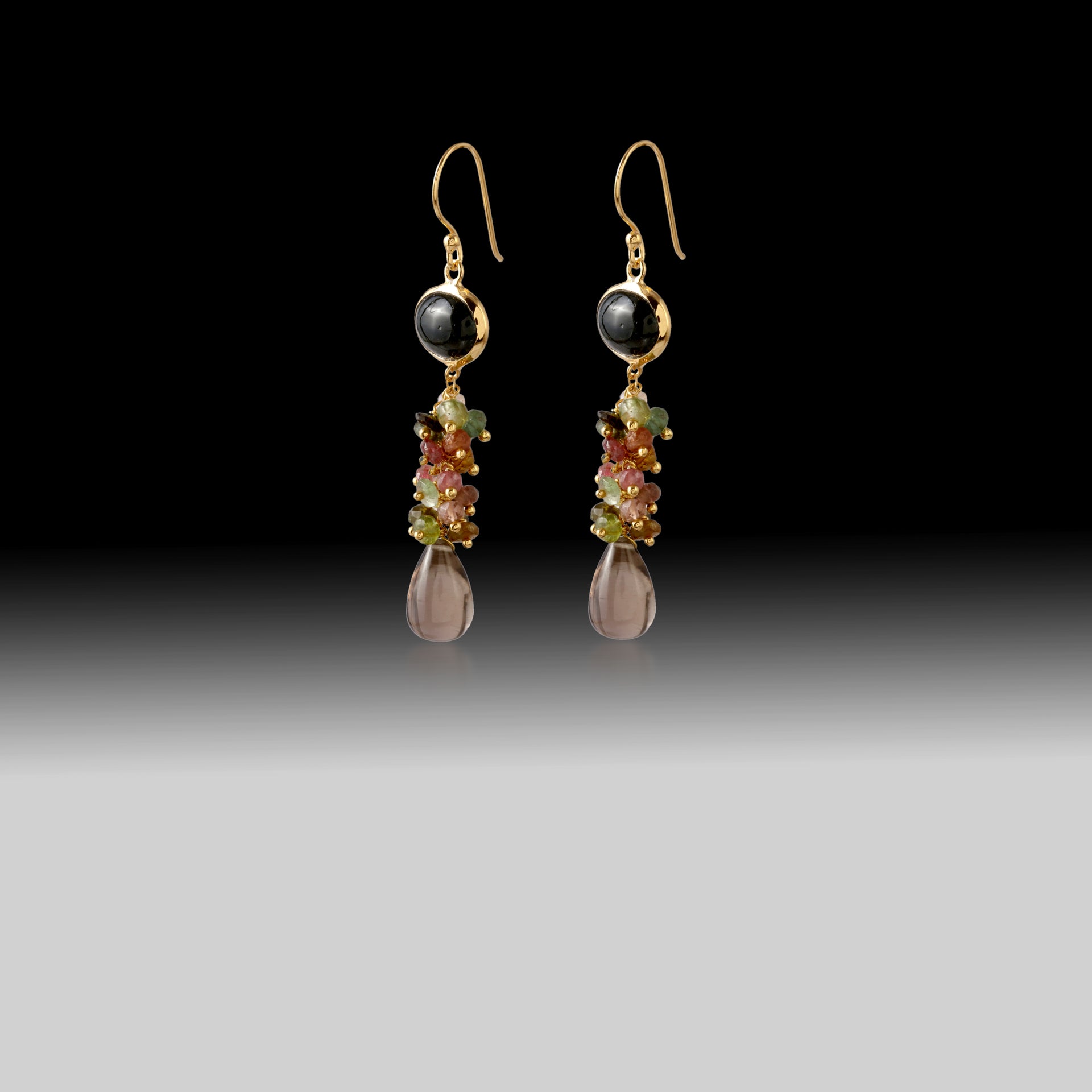 Black Onyx & Multicolor Tourmaline Drop Earrings with Smoky Topaz