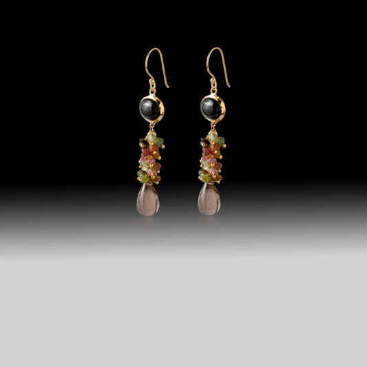 Black Onyx & Multicolor Tourmaline Drop Earrings with Smoky Topaz