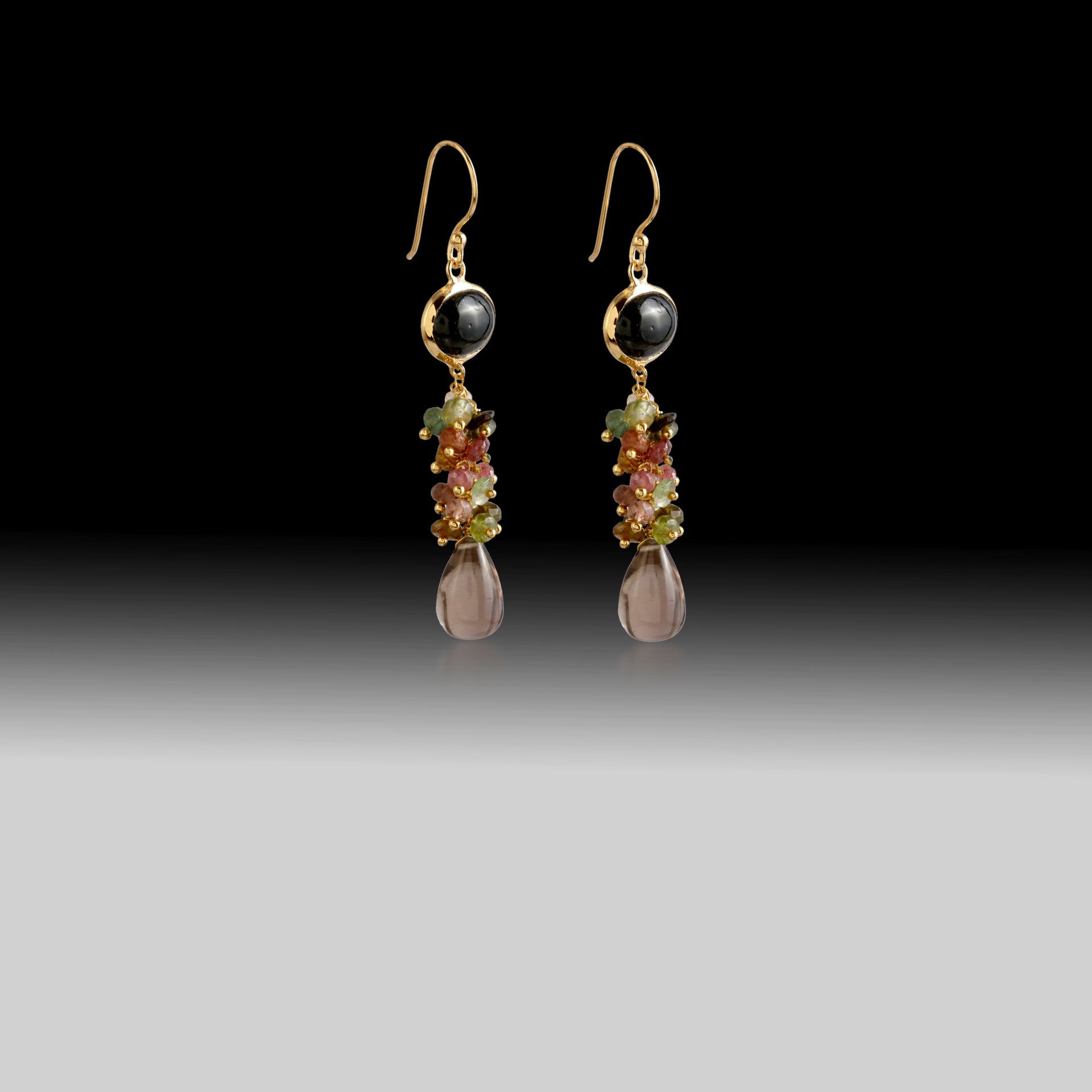 Black Onyx & Multicolor Tourmaline Drop Earrings with Smoky Topaz