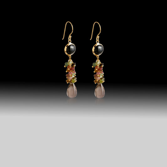 Black Onyx & Multicolor Tourmaline Drop Earrings with Smoky Topaz