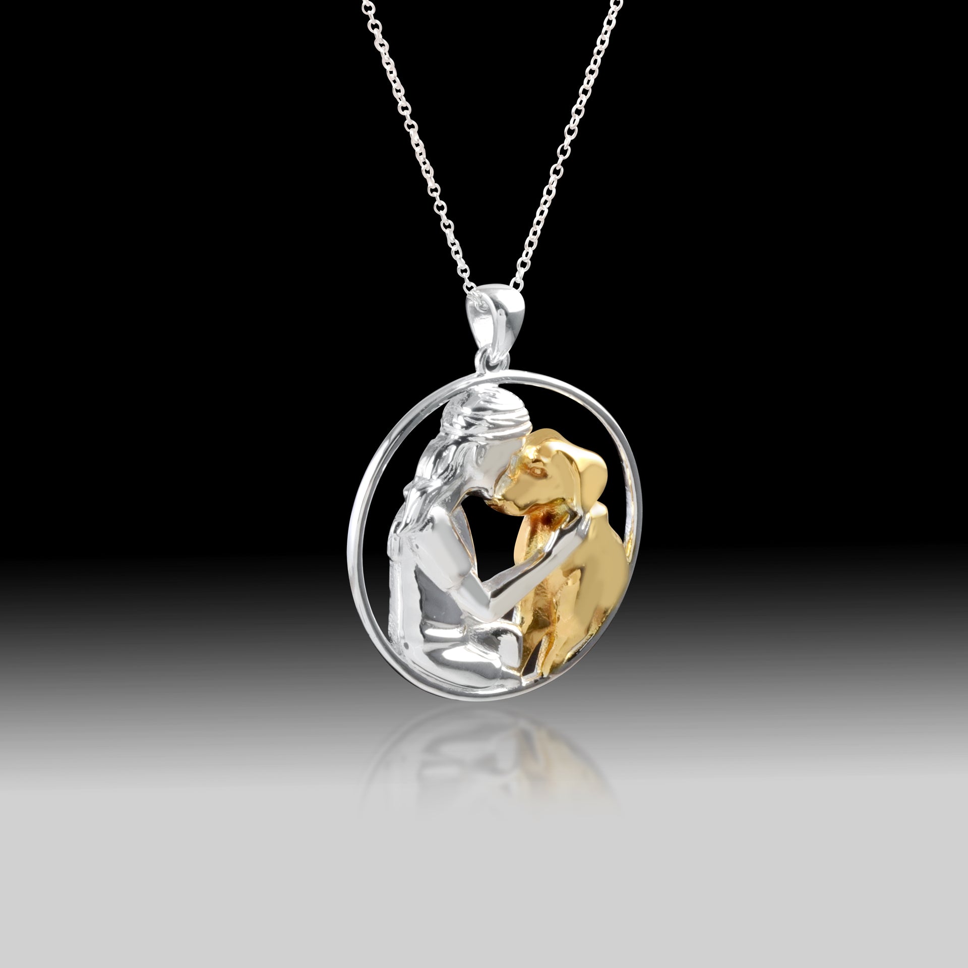 Girl Hugging Dog Necklace- 925 Sterling Silver Two Toned Piece