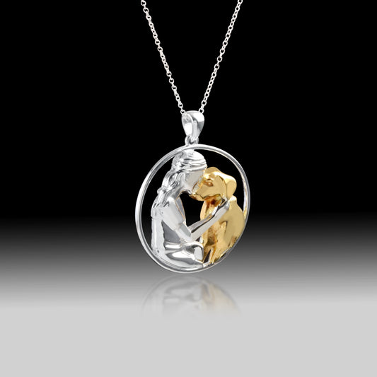 Girl Hugging Dog Necklace- 925 Sterling Silver Two Toned Piece