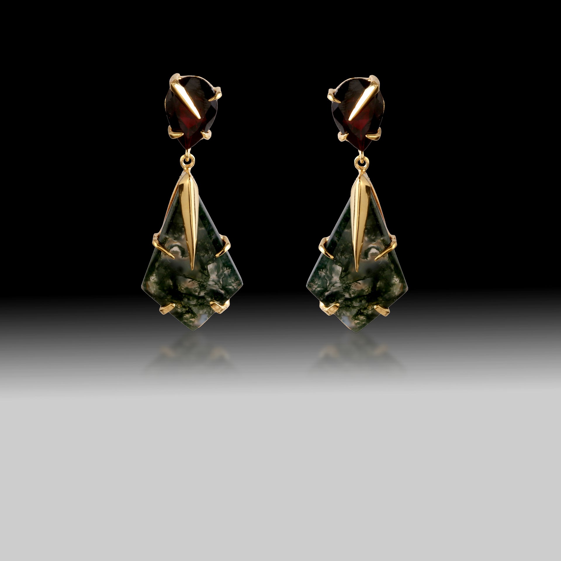Artisan Moss Agate & Pink Tourmaline Drop Earrings- 18k Gold Plated Over Sterling Silver