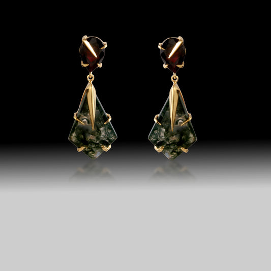 Artisan Moss Agate & Pink Tourmaline Drop Earrings- 18k Gold Plated Over Sterling Silver