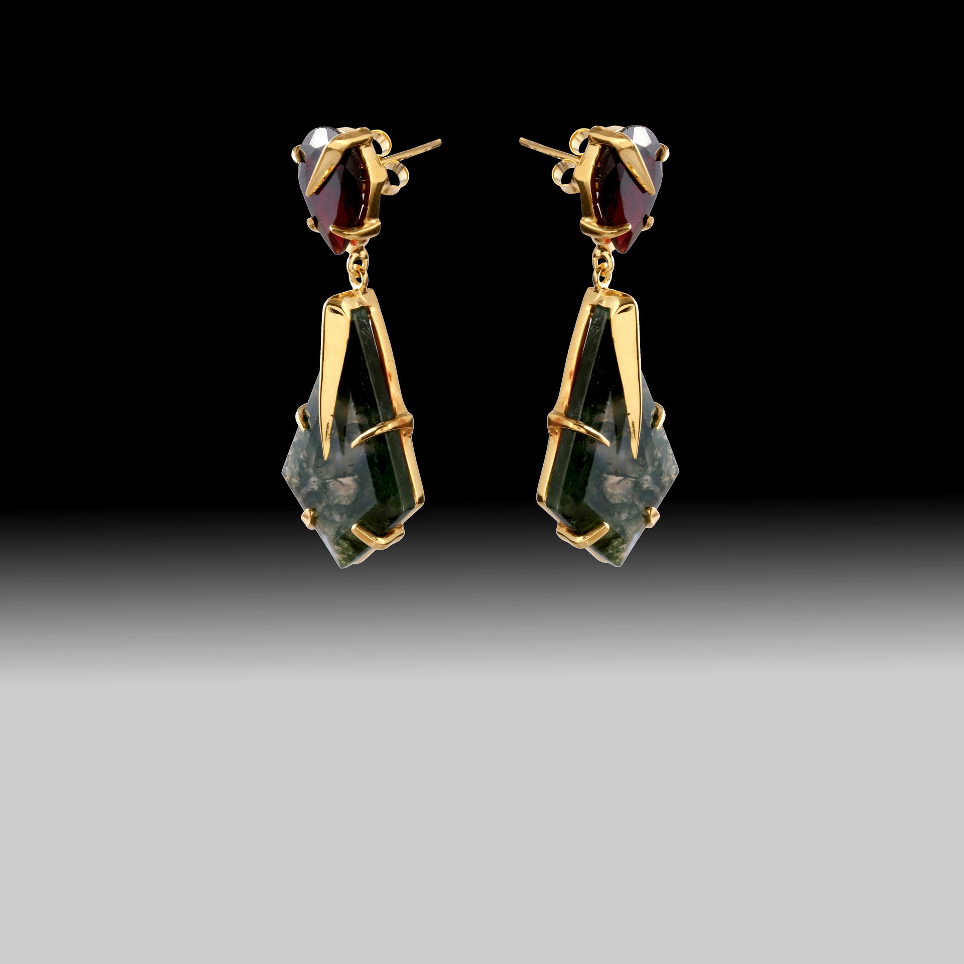 Artisan Moss Agate & Pink Tourmaline Drop Earrings- 18k Gold Plated Over Sterling Silver