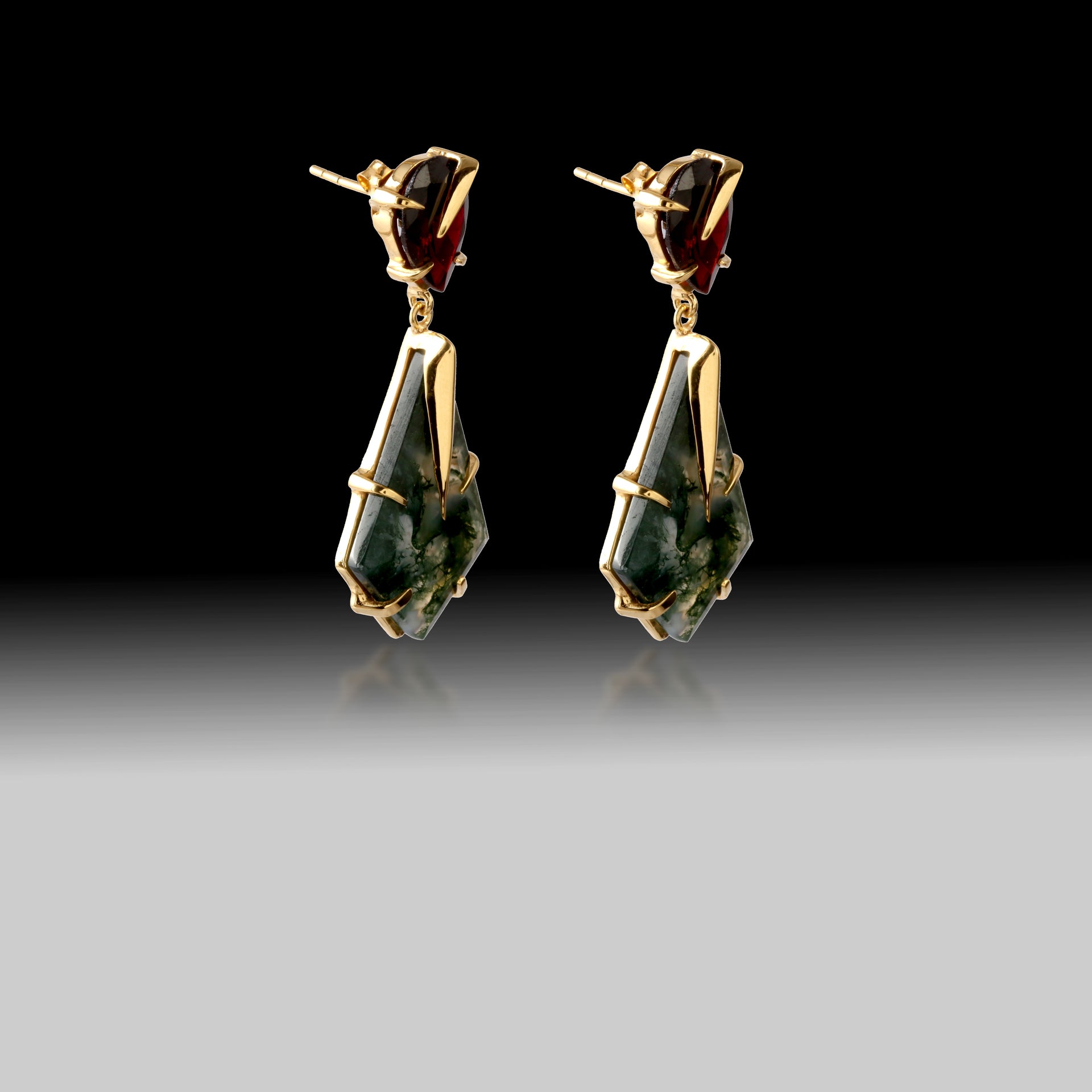 Artisan Moss Agate & Pink Tourmaline Drop Earrings- 18k Gold Plated Over Sterling Silver