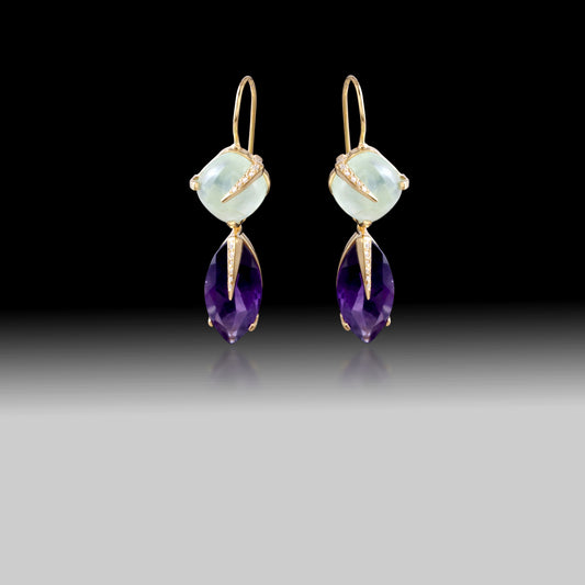 Artisan Aqua Chalcedony & Amethyst Prong Set Earrings-18k Gold Plated Over Sterling Silver