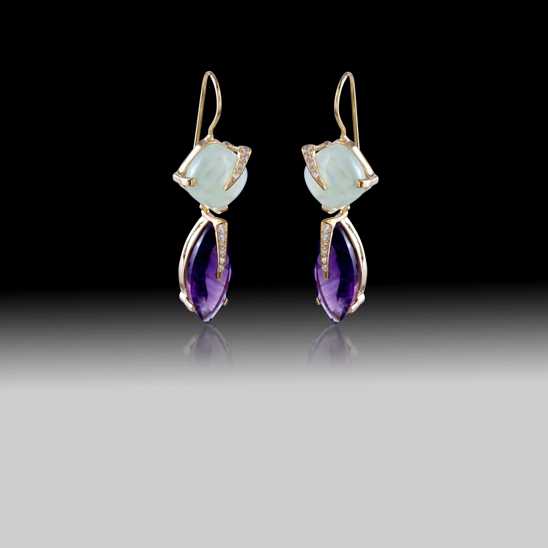 Artisan Aqua Chalcedony & Amethyst Prong Set Earrings-18k Gold Plated Over Sterling Silver